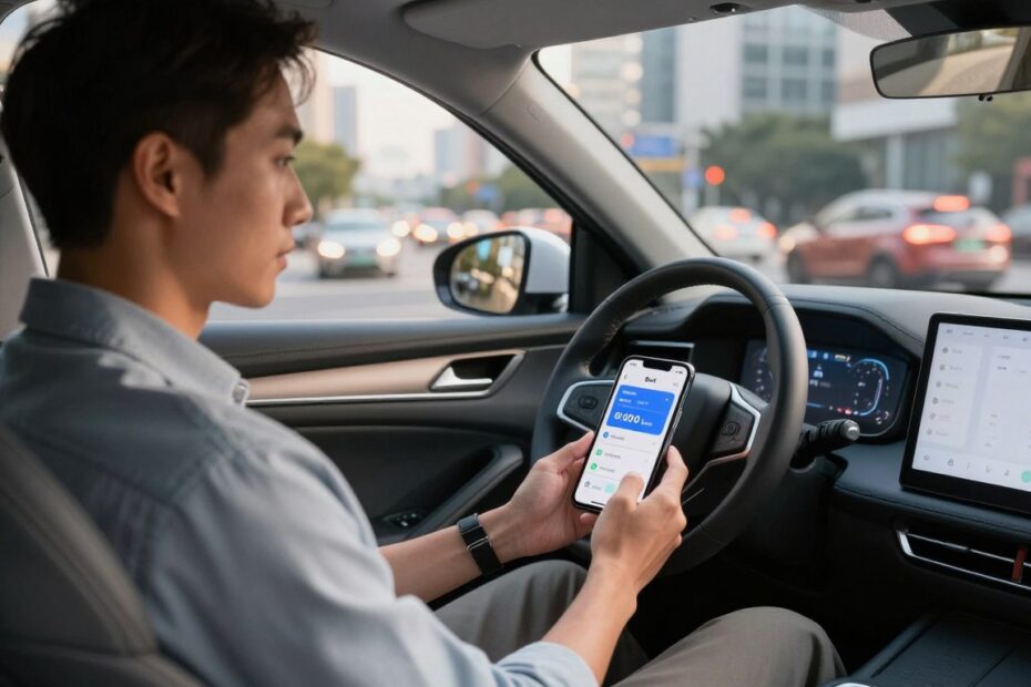 Jak zwiększyć zarobki na Uber i Bolt – kierowca korzystający z aplikacji podczas pracy.