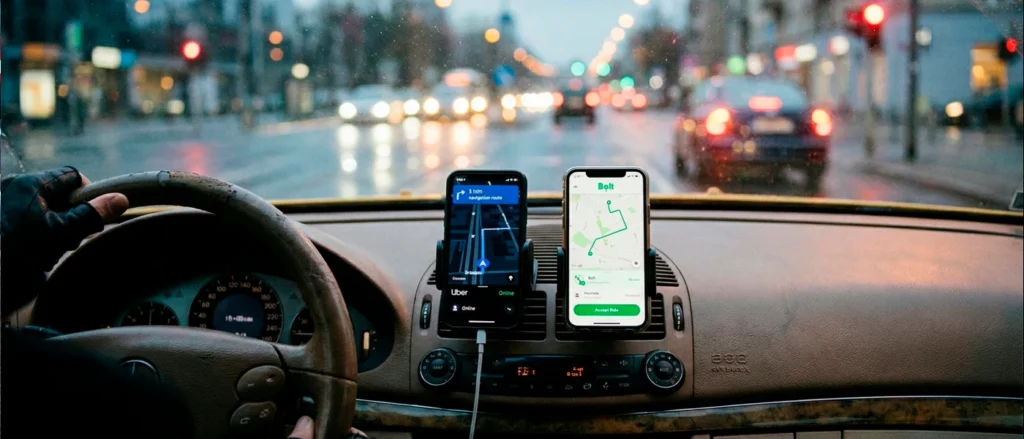 Blokada konta kierowcy Uber Bolt – kierowca korzystający z aplikacji po otrzymaniu informacji o zablokowaniu konta.